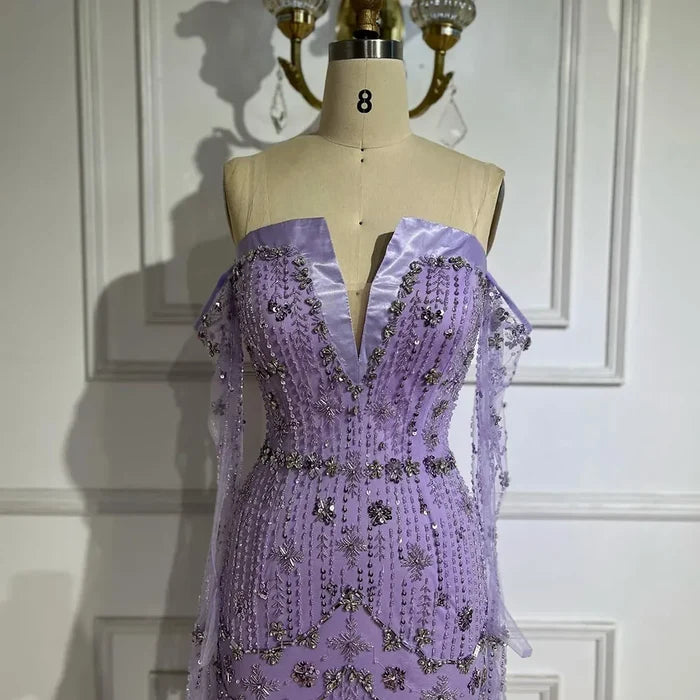 Serene Hill Arabian Lilac Mermaid Luxury Beaded Evening Gown with Glove Sleeves for Women - Wedding Party 2025 LA72333 - SERENE HILL