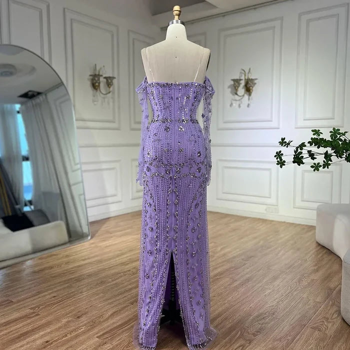 Serene Hill Arabian Lilac Mermaid Luxury Beaded Evening Gown with Glove Sleeves for Women - Wedding Party 2025 LA72333 - SERENE HILL