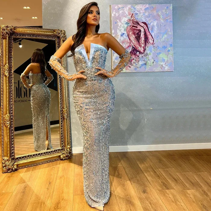 Serene Hill Arabian Lilac Mermaid Luxury Beaded Evening Gown with Glove Sleeves for Women - Wedding Party 2025 LA72333 - SERENE HILL