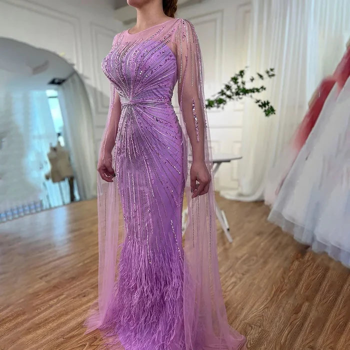 Luxury Lilac Feathers Evening Dresses with Cape Sleeves LA72036 - SERENE HILL