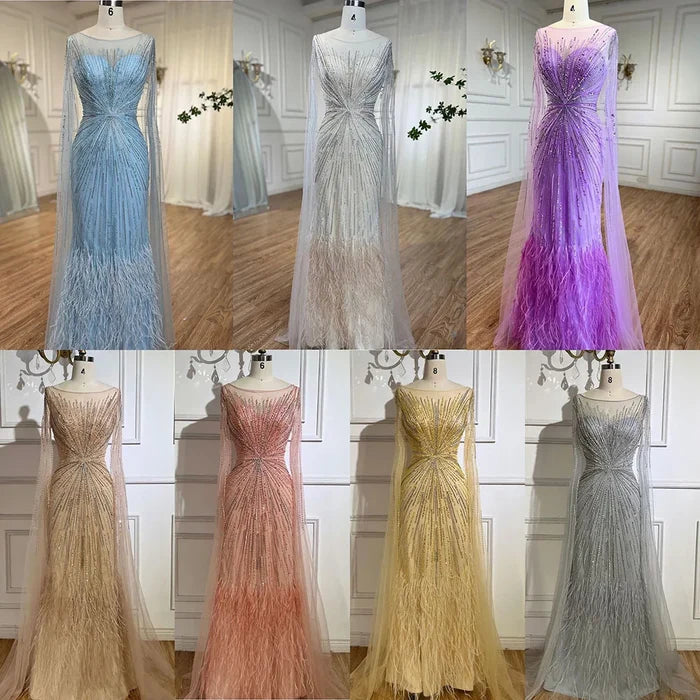 Luxury Lilac Feathers Evening Dresses with Cape Sleeves LA72036 - SERENE HILL