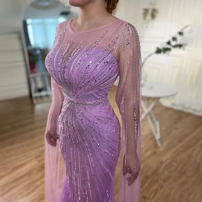 Luxury Lilac Feathers Evening Dresses with Cape Sleeves LA72036 - SERENE HILL