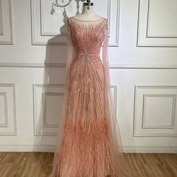 Luxury Lilac Feathers Evening Dresses with Cape Sleeves LA72036 - SERENE HILL