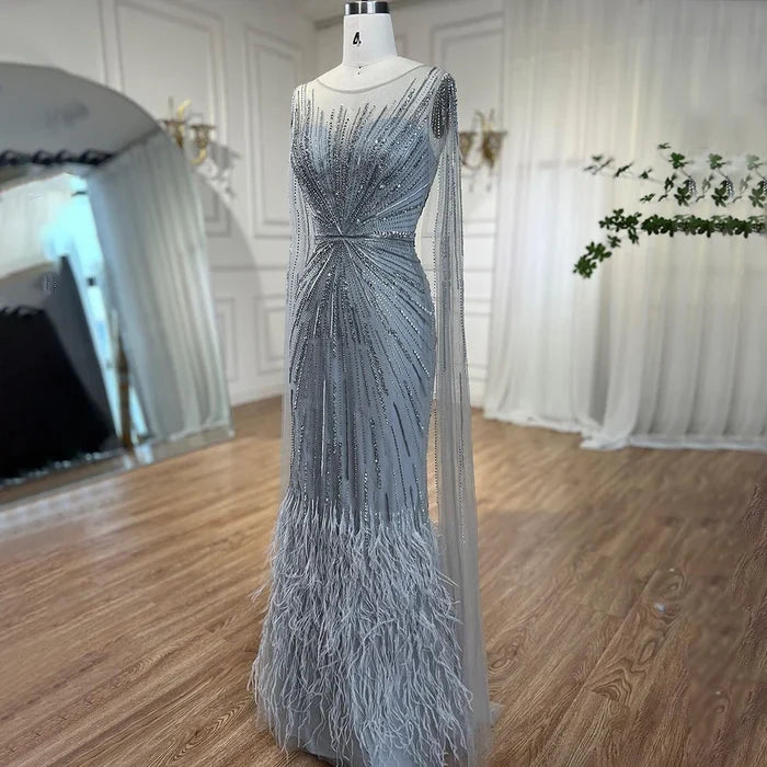 Luxury Lilac Feathers Evening Dresses with Cape Sleeves LA72036 - SERENE HILL
