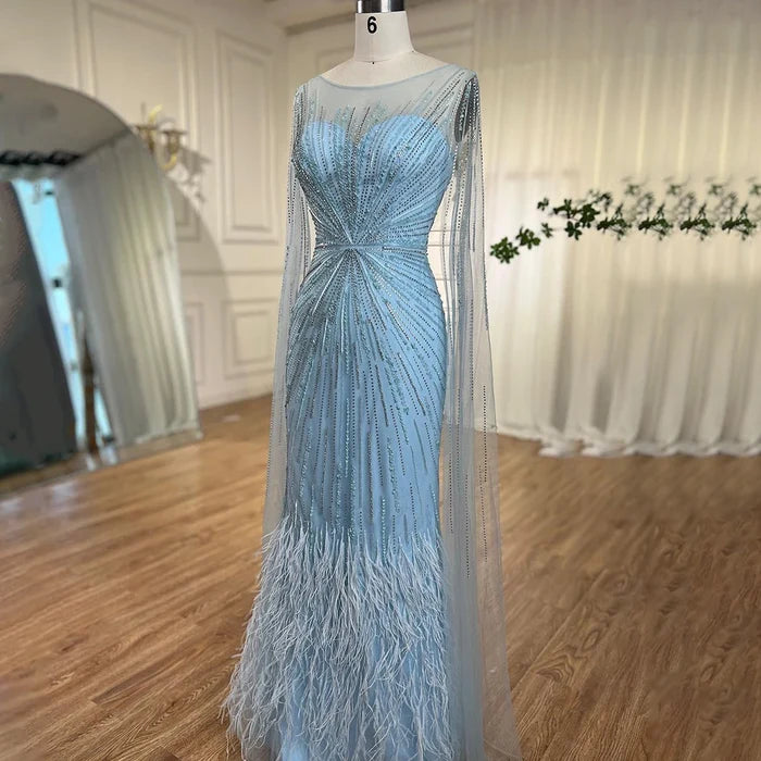Luxury Lilac Feathers Evening Dresses with Cape Sleeves LA72036 - SERENE HILL