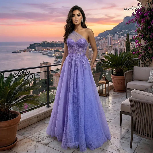 Luxury  Lilac One-Shoulder A-Line Lace Prom Dress for Women's Party 2025 LA72637 - SERENE  HILL