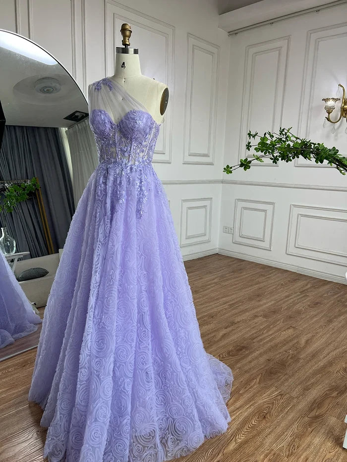 Luxury Lilac One-Shoulder A-Line Lace Prom Dress for Women's Party 2025 LA72637 - SERENE HILL