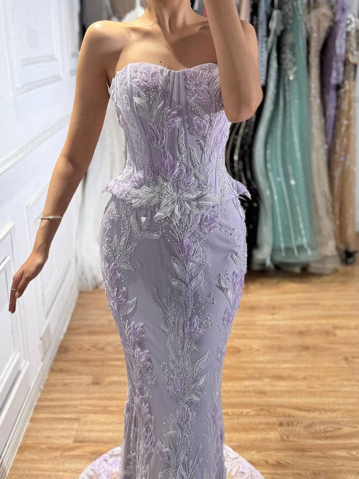 Luxury Lilac Strapless Beaded Peplum Mermaid Evening Dress LA73776 SERENE HILL