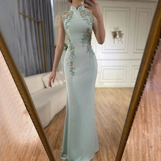 Luxury Mint Beaded Satin Mermaid Evening Dress with LA72797 - SERENE HILL