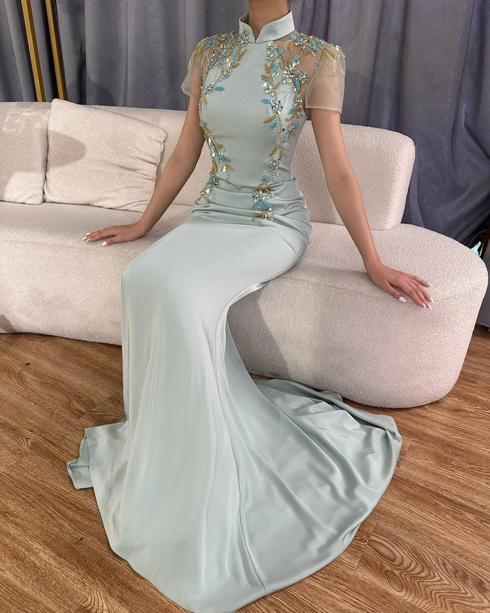 Luxury Mint Beaded Satin Mermaid Evening Dress with LA72797 - SERENE HILL