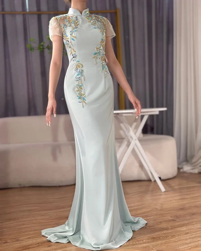 Luxury Mint Beaded Satin Mermaid Evening Dress with LA72797 - SERENE HILL