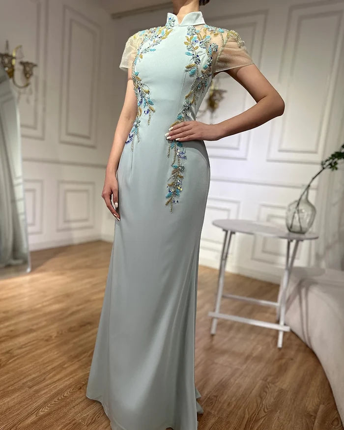 Luxury Mint Beaded Satin Mermaid Evening Dress with LA72797 - SERENE HILL