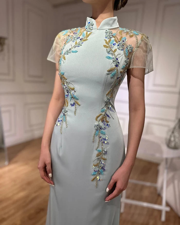Luxury Mint Beaded Satin Mermaid Evening Dress with LA72797 - SERENE HILL