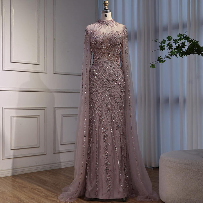 Luxury Nude Mermaid Evening Dress with Cape Sleeves LA71885A - SERENE  HILL