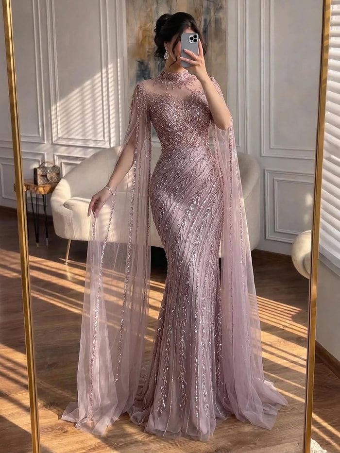 Luxury Nude Mermaid Evening Dress with Cape Sleeves LA71885A - SERENE  HILL