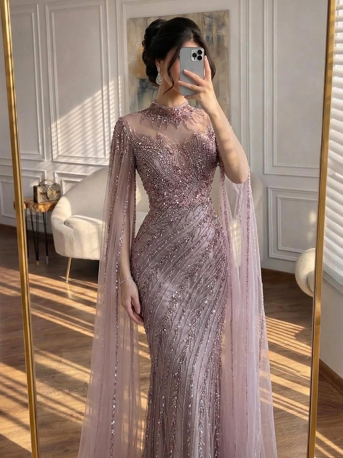 Luxury Nude Mermaid Evening Dress with Cape Sleeves LA71885A - SERENE  HILL