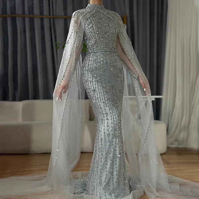Luxury Modest Nude Pearls Beaded Evening Dress With Long Sleeves Cape LA72372 - SERENE HILL