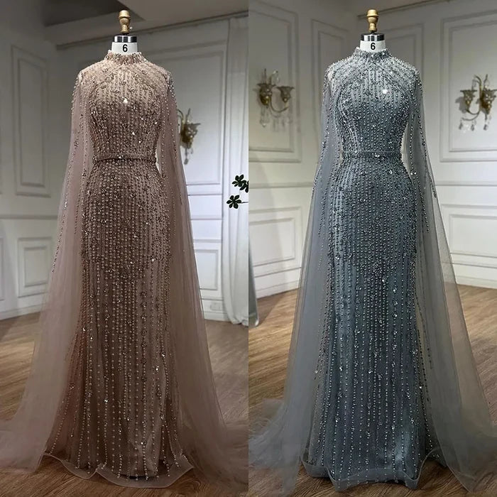 Luxury Modest Nude Pearls Beaded Evening Dress With Long Sleeves Cape LA72372 - SERENE HILL