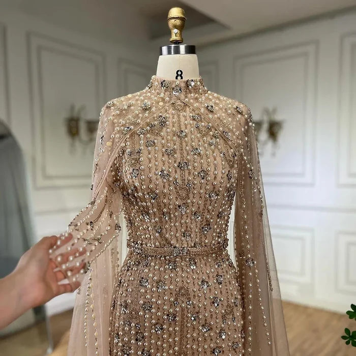 Luxury Modest Nude Pearls Beaded Evening Dress With Long Sleeves Cape LA72372 - SERENE HILL