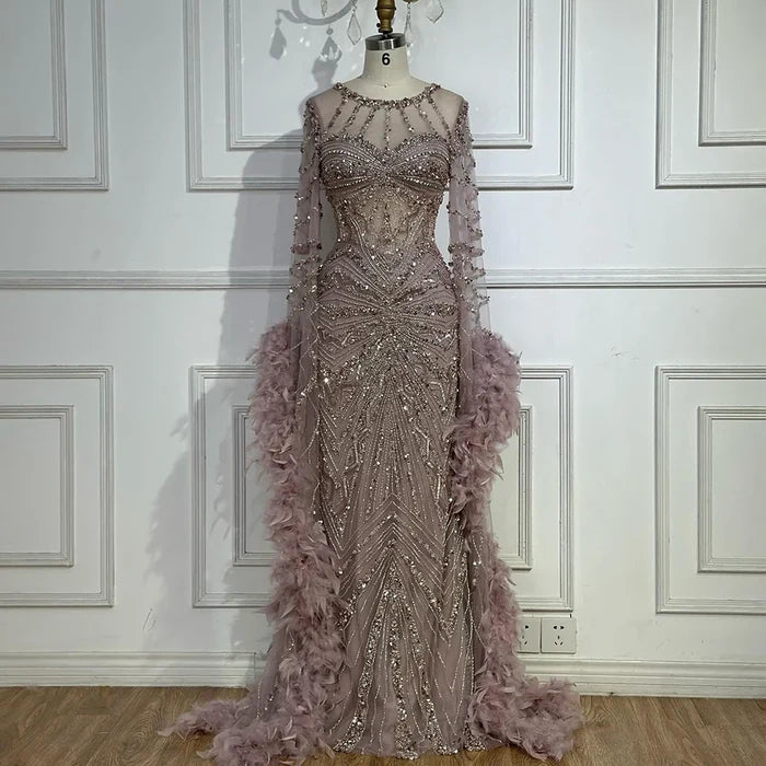 Luxury Modest Pink Feathers Long Cape Sleeves Mermaid Evening Dress LA72708A - SERENE HILL