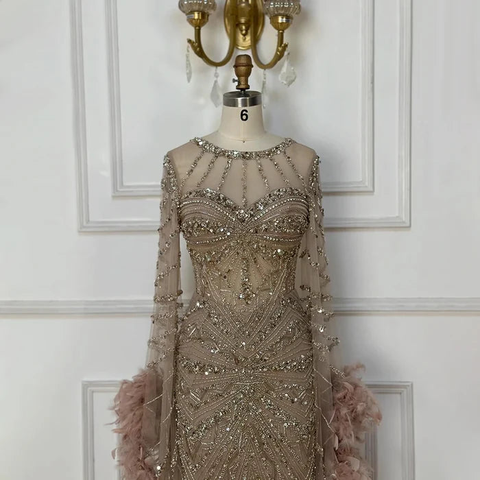 Luxury Modest Pink Feathers Long Cape Sleeves Mermaid Evening Dress LA72708A - SERENE HILL