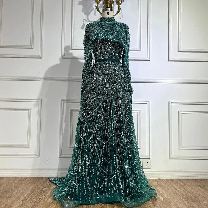 Luxury Modest Sage Green Evening Dress with Pearls LA72032B - SERENE HILL