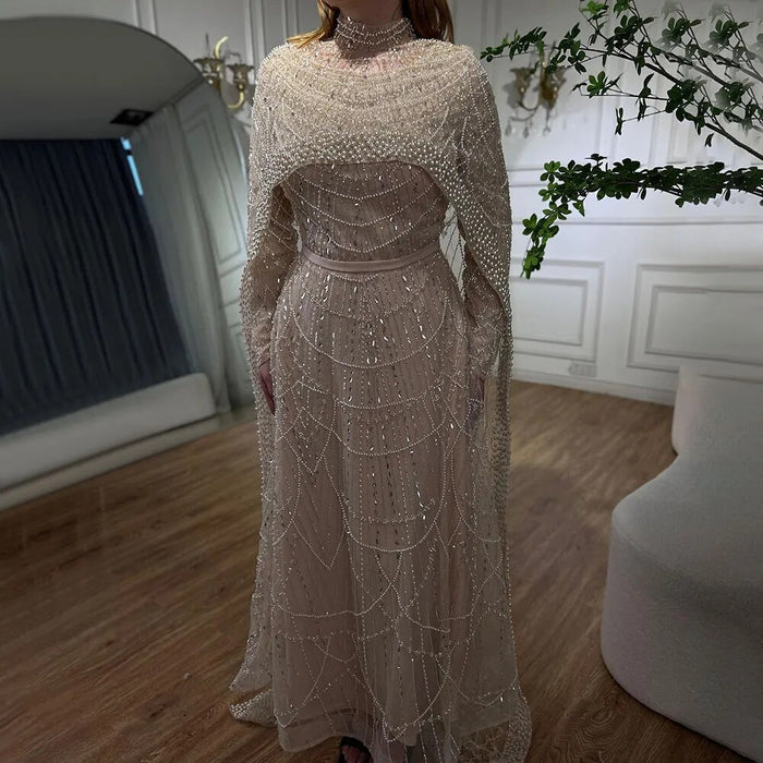 Luxury Modest Sage Green Evening Dress with Pearls LA72032B - SERENE HILL