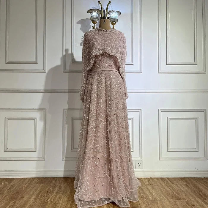 Luxury Modest Sage Green Evening Dress with Pearls LA72032B - SERENE HILL