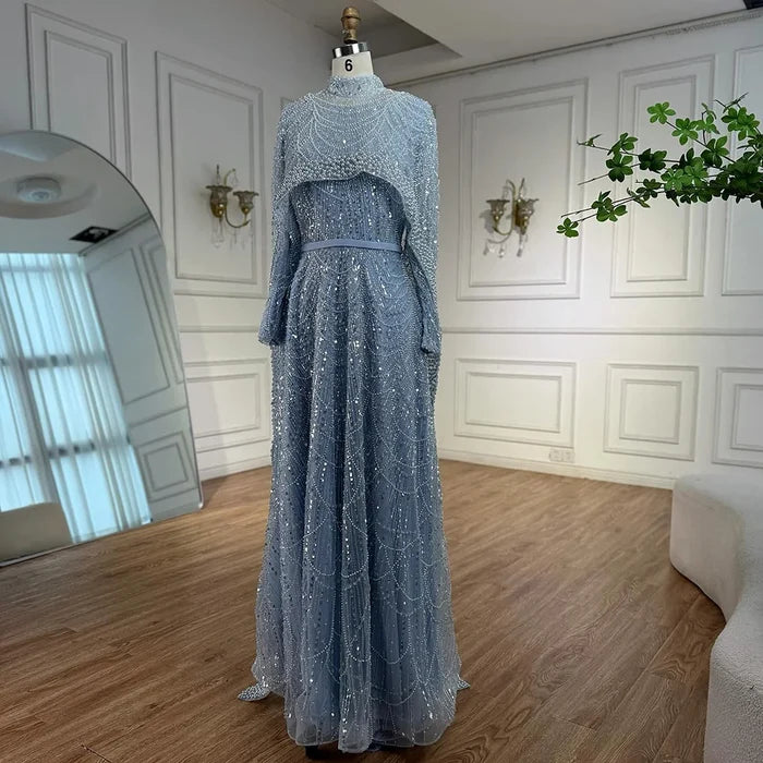 Luxury Modest Sage Green Evening Dress with Pearls LA72032B - SERENE  HILL
