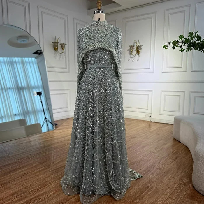 Luxury Modest Sage Green Evening Dress with Pearls LA72032B - SERENE HILL