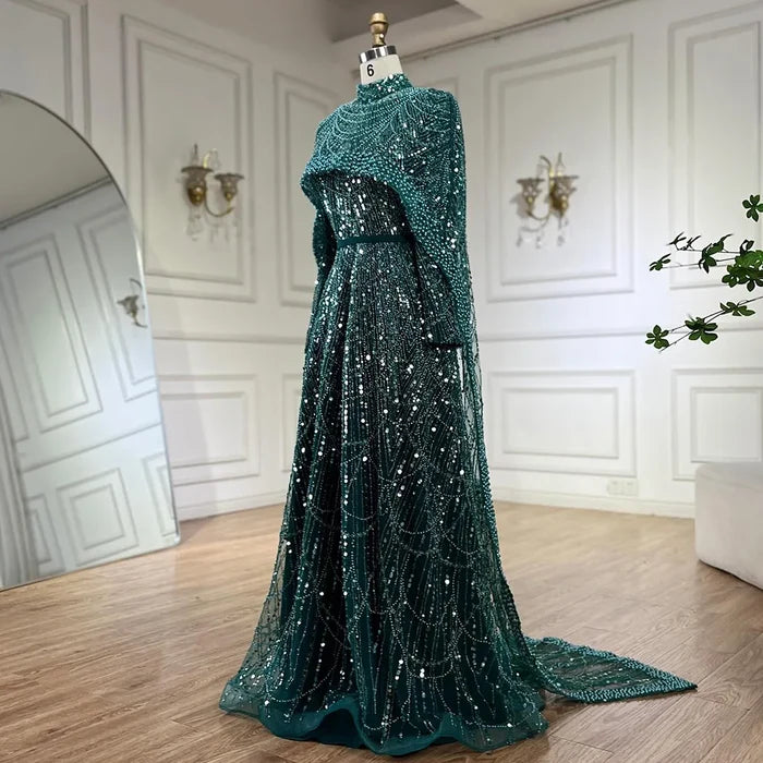 Luxury Modest Sage Green Evening Dress with Pearls LA72032B - SERENE HILL