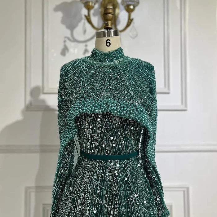 Luxury Modest Sage Green Evening Dress with Pearls LA72032B - SERENE HILL