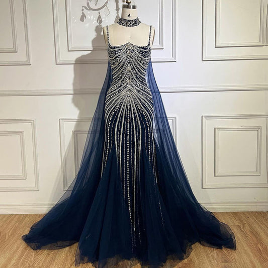 Luxury Navy Blue Mermaid Evening Dress with Chocker Cape LA72440 - SERENE  HILL