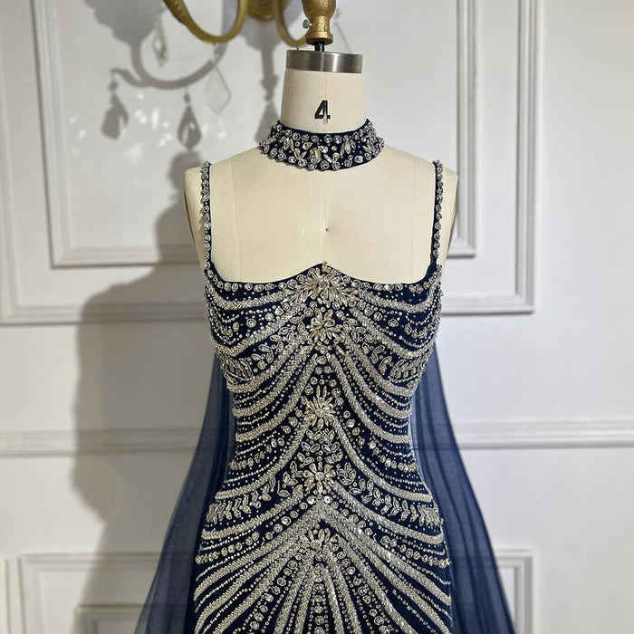 Luxury Navy Blue Mermaid Evening Dress with Chocker Cape LA72440 - SERENE  HILL