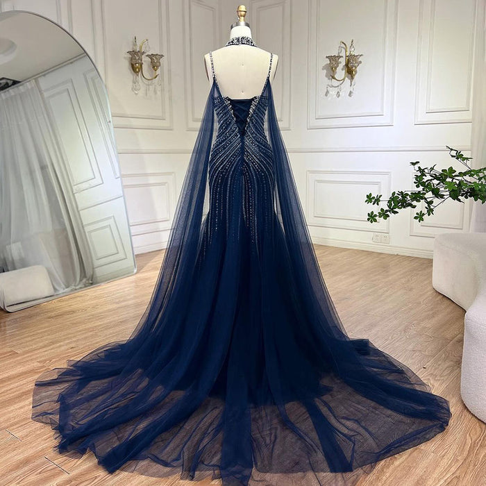 Luxury Navy Blue Mermaid Evening Dress with Chocker Cape LA72440 - SERENE  HILL
