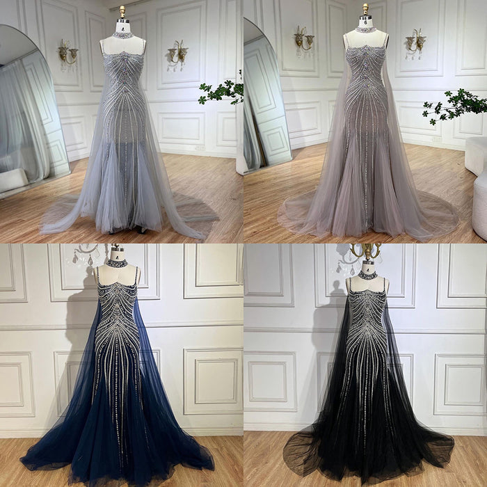 Luxury Navy Blue Mermaid Evening Dress with Chocker Cape LA72440 - SERENE  HILL