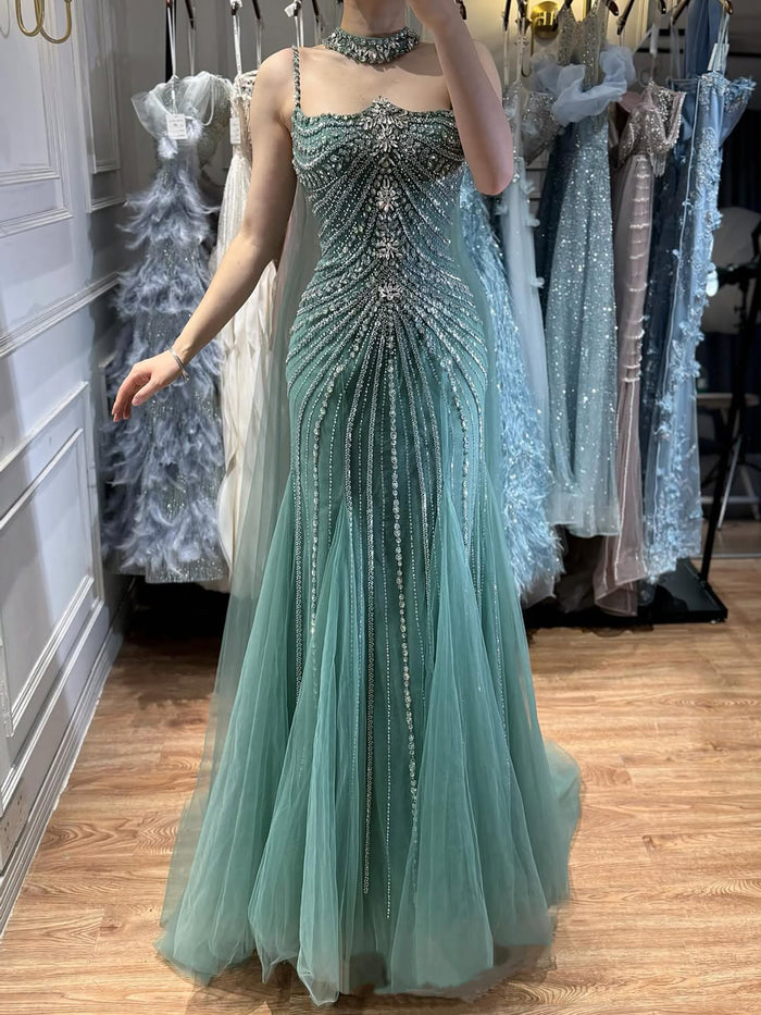 Luxury Navy Blue Mermaid Evening Dress with Chocker Cape LA72440 - SERENE  HILL