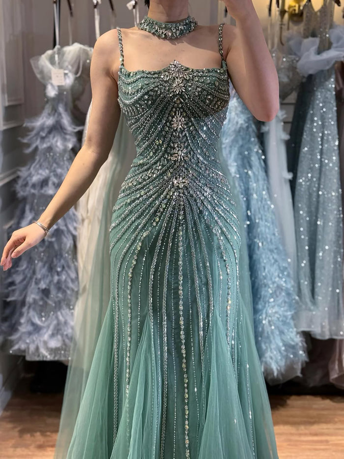 Luxury Navy Blue Mermaid Evening Dress with Chocker Cape LA72440 - SERENE  HILL
