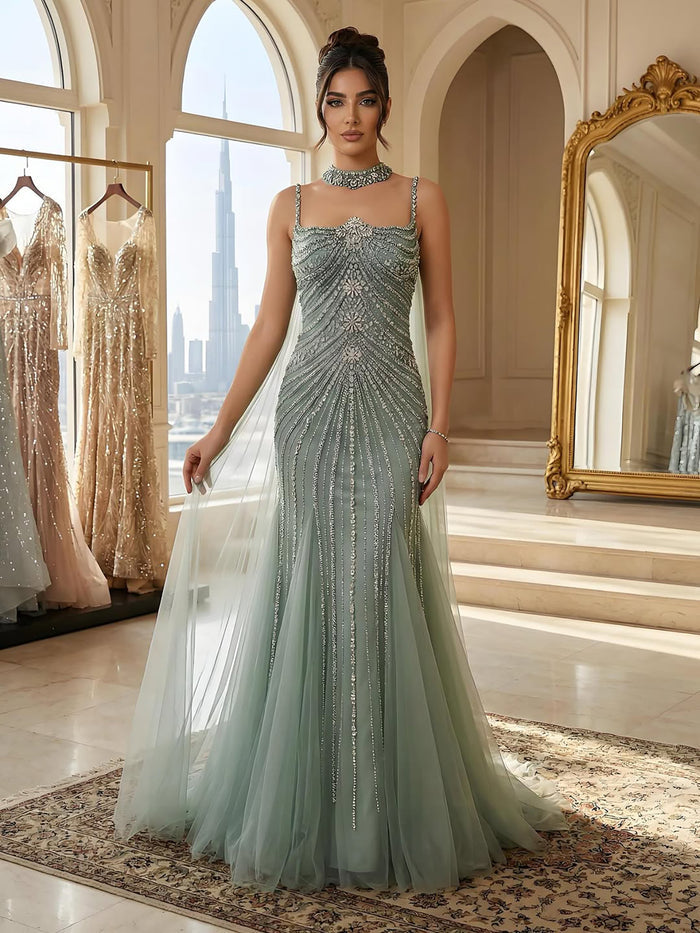 Luxury Navy Blue Mermaid Evening Dress with Chocker Cape LA72440 - SERENE  HILL