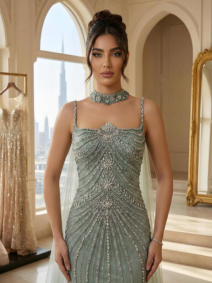 Luxury Navy Blue Mermaid Evening Dress with Chocker Cape LA72440 - SERENE  HILL