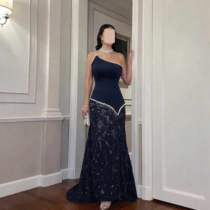 Luxury Navy Blue One Shoulder Pearl Beaded Mermaid Evening Dress LA73888 SERENE HILL