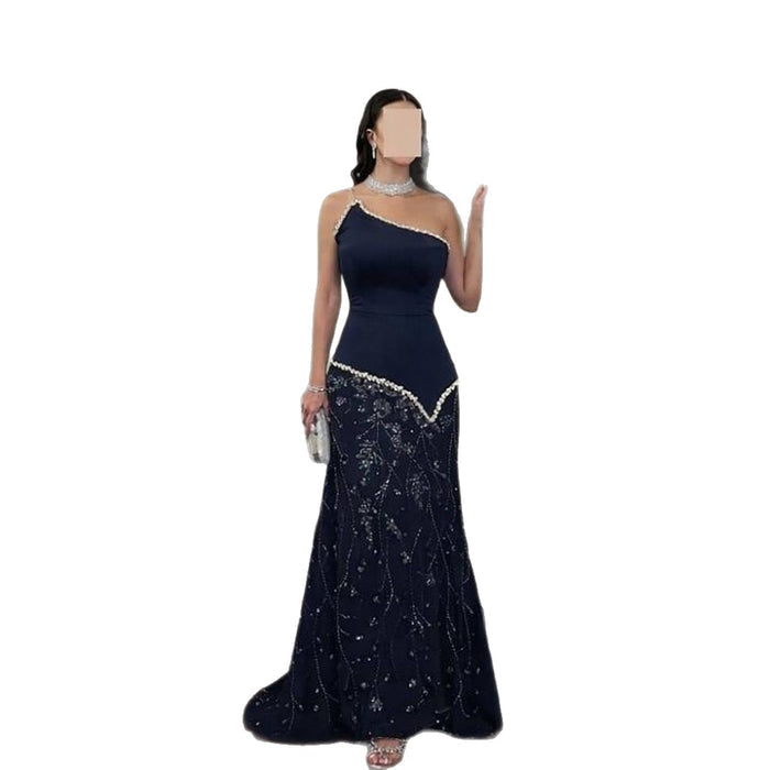 Luxury Navy Blue One Shoulder Pearl Beaded Mermaid Evening Dress LA73888 SERENE HILL