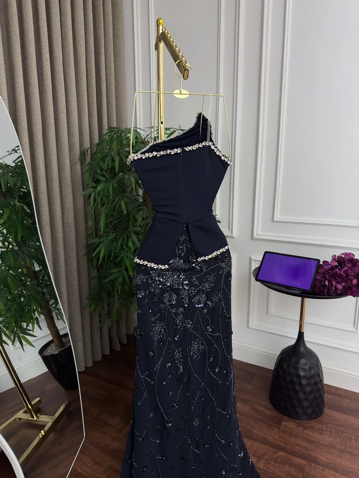 Luxury Navy Blue One Shoulder Pearl Beaded Mermaid Evening Dress LA73888 SERENE HILL