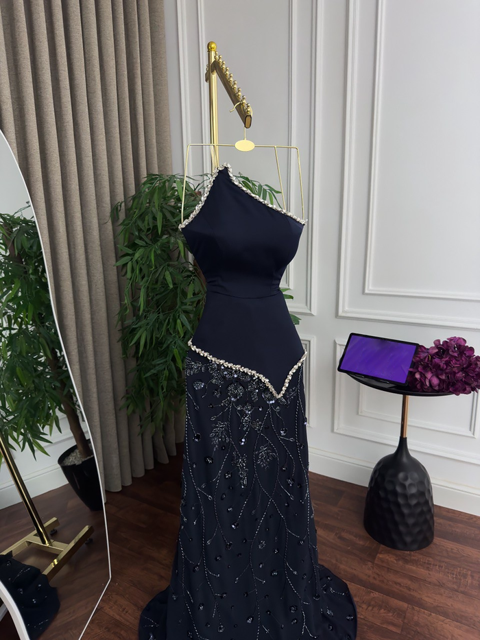 Luxury Navy Blue One Shoulder Pearl Beaded Mermaid Evening Dress LA73888 SERENE HILL