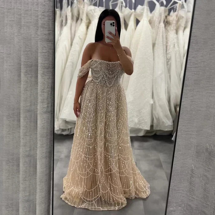 Luxury Nude A-Line Evening Gown with Pearl Beading LA72738A - SERENE HILL