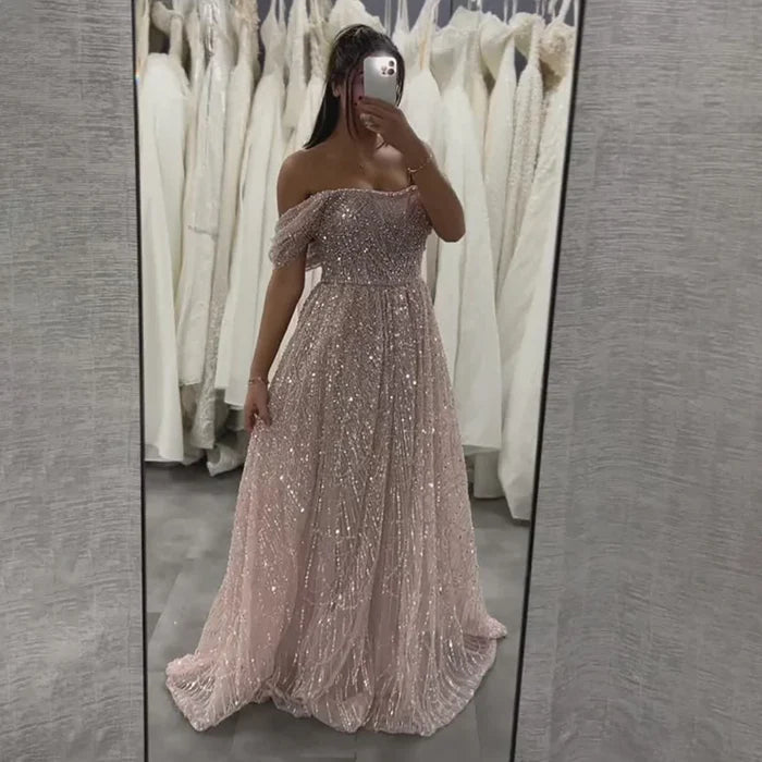 Luxury Nude A-Line Evening Gown with Pearl Beading LA72738A - SERENE HILL