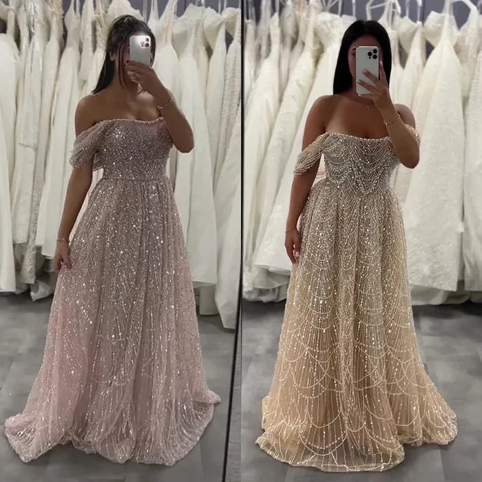 Luxury Nude A-Line Evening Gown with Pearl Beading LA72738A - SERENE HILL