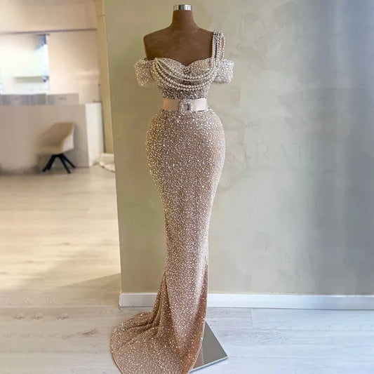 Luxury Nude Arabic One Shoulder Beaded Mermaid Evening Dress LA72318B - SERENE HILL