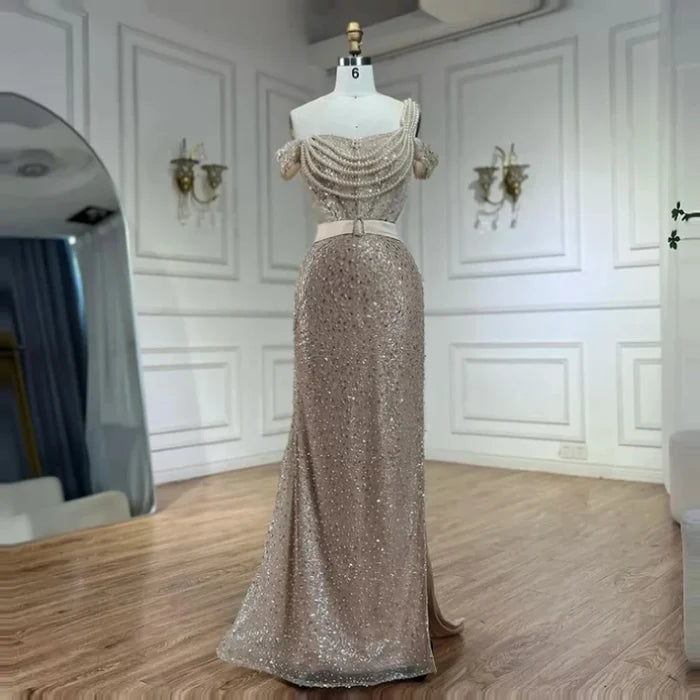 Luxury Nude Arabic One Shoulder Beaded Mermaid Evening Dress LA72318B - SERENE HILL