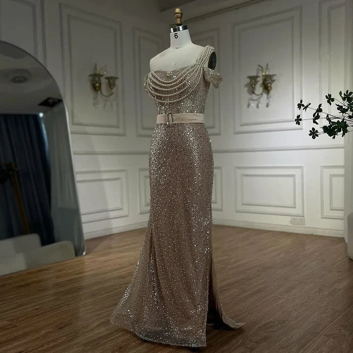 Luxury Nude Arabic One Shoulder Beaded Mermaid Evening Dress LA72318B - SERENE HILL